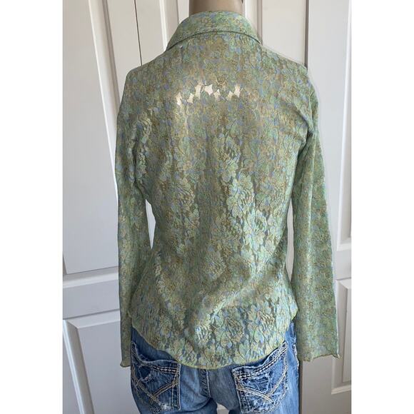 20X Women Medium Blouse Top Button up Y2K Buffy Lace Floral Flare Sleeve - Picture 3 of 6